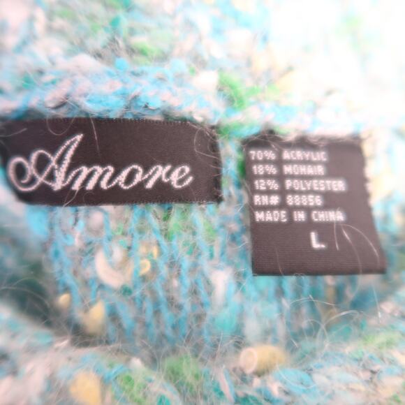 Vintage Y2K Amore Green and Blue Marled Fuzzy Knit Cardigan Sweater L - Picture 5 of 5